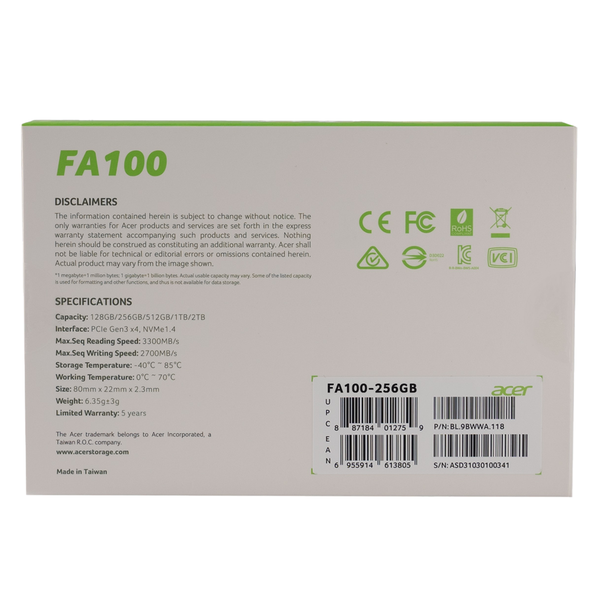 Acer FA100 PCIe NVMe 256GB Bilgisayar Çevre Birimleri
